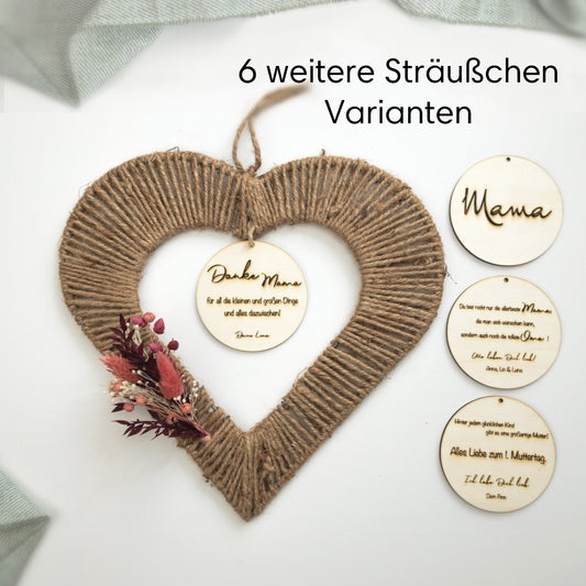 Juteherz Wandkranz mit Trockenblumen & Holzschild