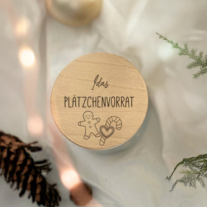 Vorratsglas mit graviertem Holzdeckel - Plätzchenvorrat personalisiert