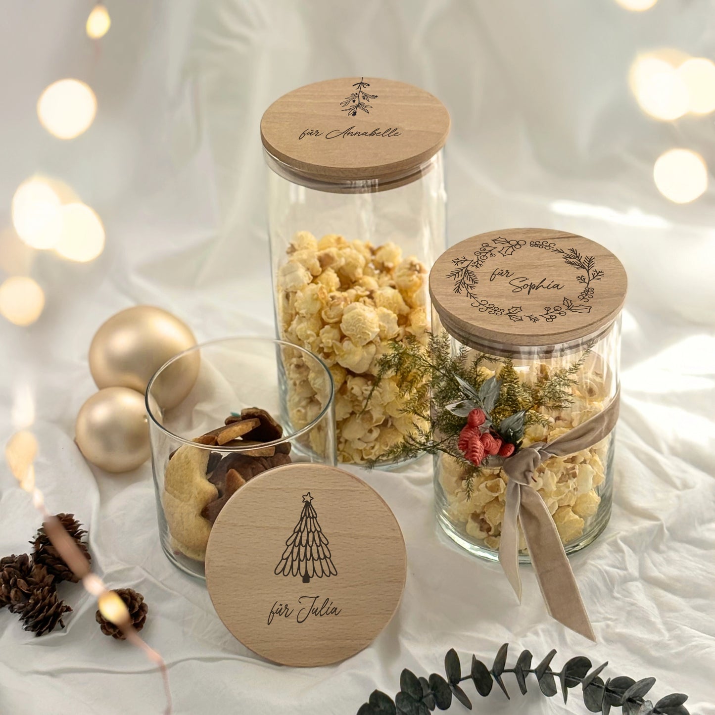 Vorratsglas mit graviertem Holzdeckel - Weihnachtsmotiv personalisiert